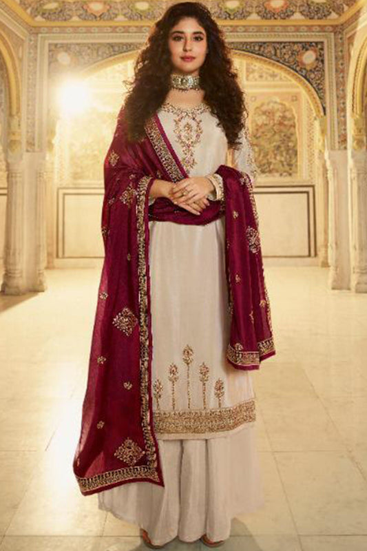 Beige Satin Kameez with Plazzo Suit For Indian Festivals & Pakistani Weddings - Thread Embroidery Work, Sequence Embroidery Work