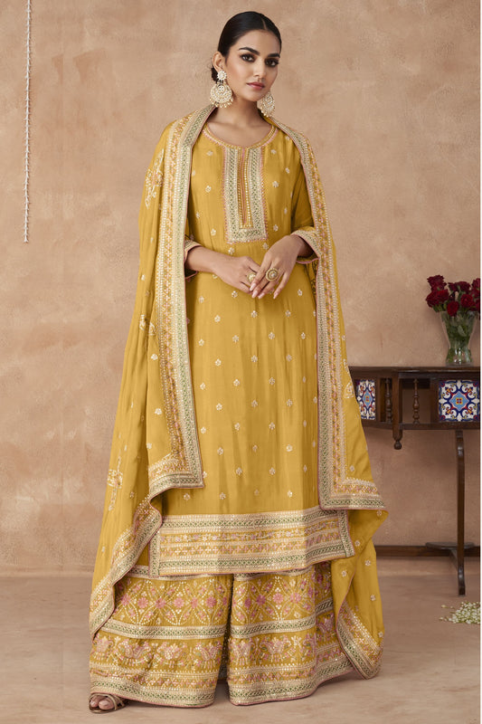 Mustard Chinon Silk Palazzo Suit For Indian Weddings & Pakitani Festival - Embroidery Work