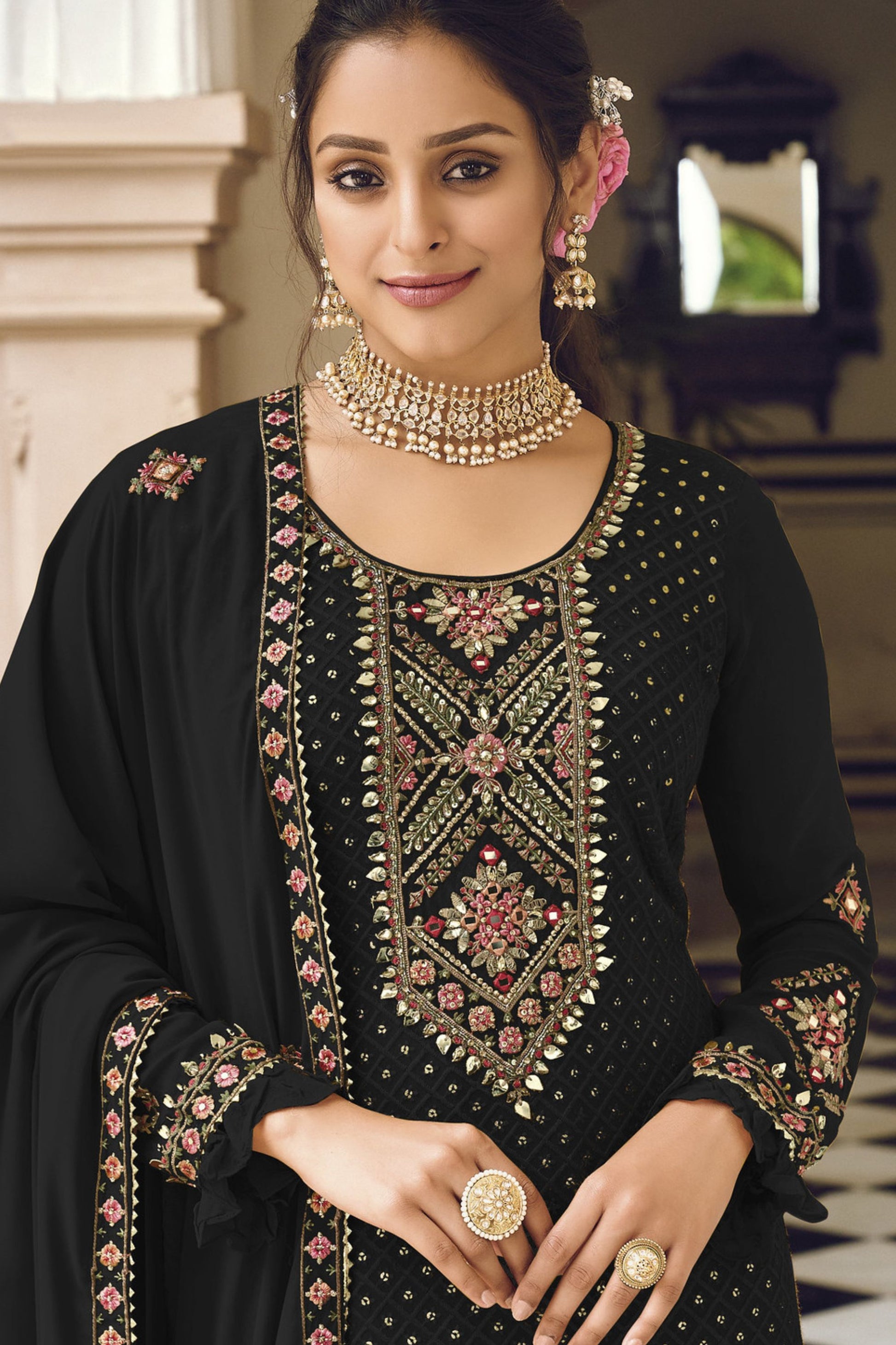 Black Georgette Kameez with Pant For Indian Suit Festivals & Pakistani Weddings - Embroidery Work