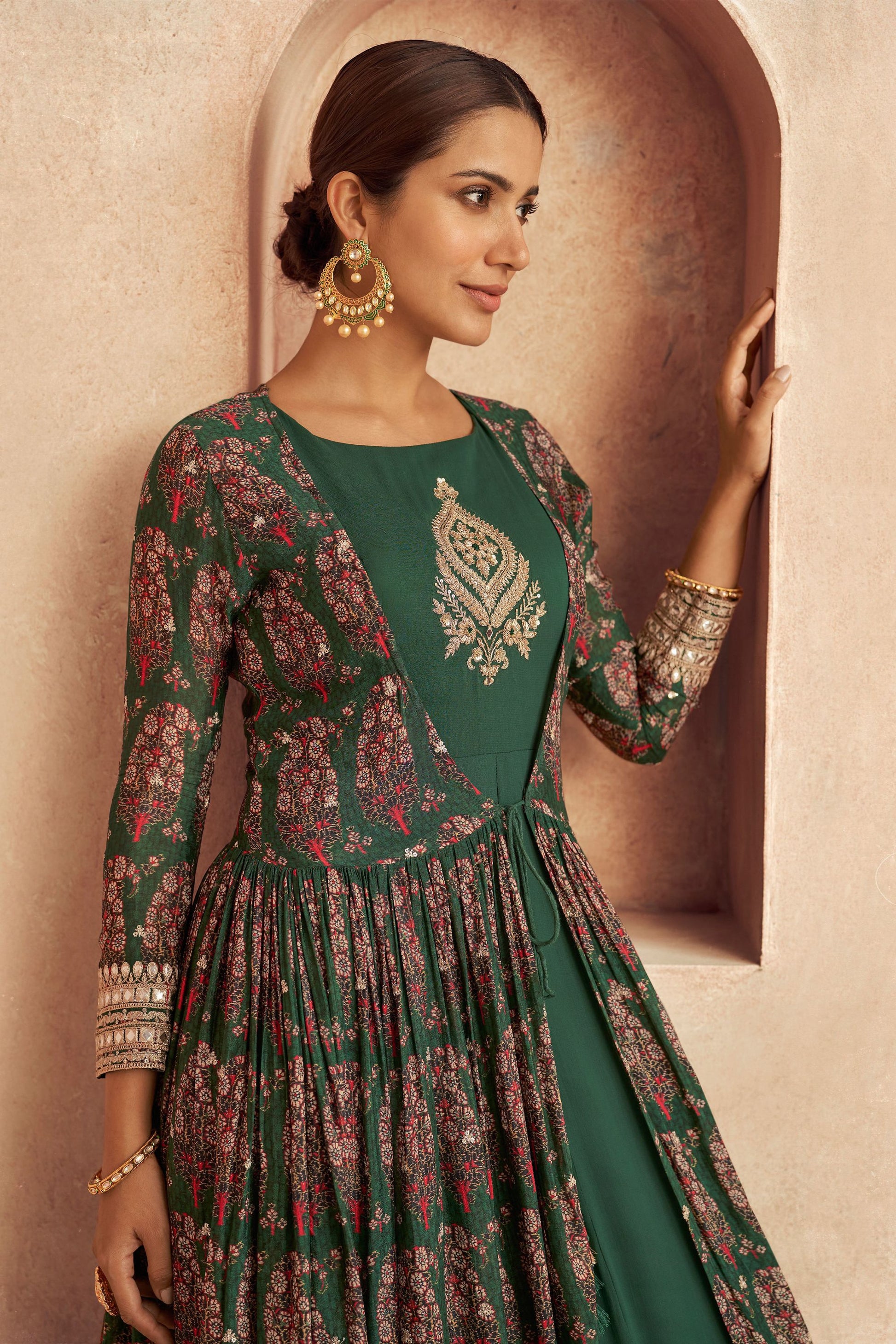 Green Pakistani Georgette Anarkali Suits For Indian Festivals & Weddings - Embroidery Work