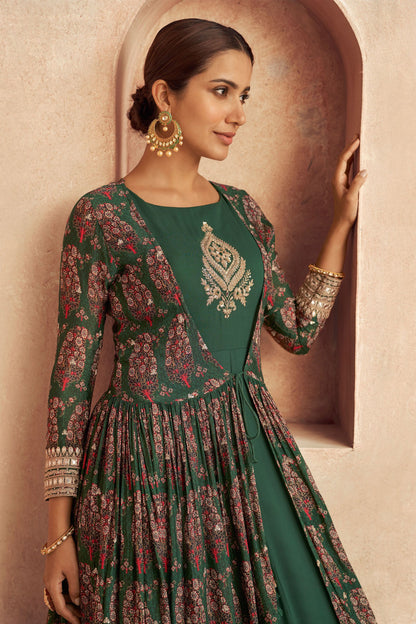 Green Pakistani Georgette Anarkali Suits For Indian Festivals & Weddings - Embroidery Work