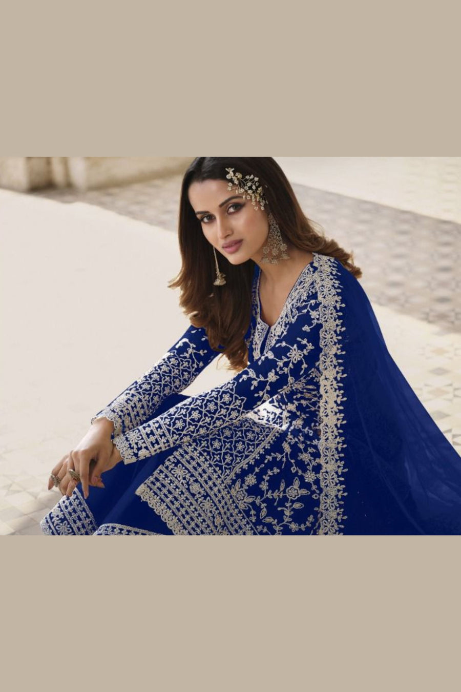Blue Net & Cording Work Salwar Kameez Plazzo Suit For Indian Wedding & Festival - Embroidery Work, Cording Work