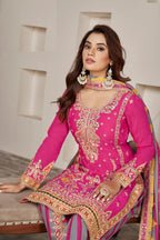 Pink Chinon Silk Salwar Kameez with Dhoti Tulip for Indian Festival & Pakistani Wedding - Sequence Embroidery Work, Dori Work, Print Work, Mirror Work