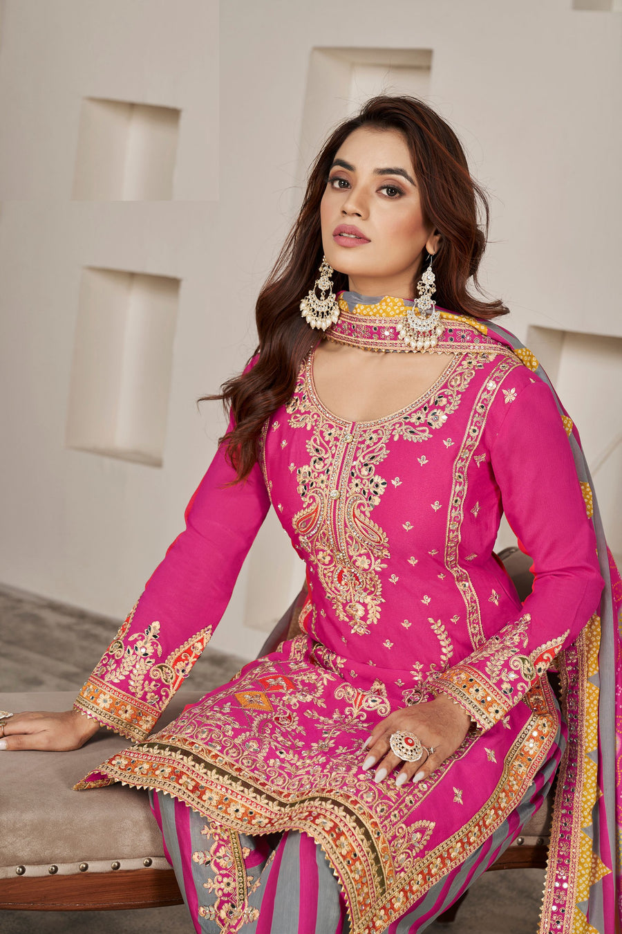 Pink Chinon Silk Salwar Kameez with Dhoti Tulip for Indian Festival & Pakistani Wedding - Sequence Embroidery Work, Dori Work, Print Work, Mirror Work