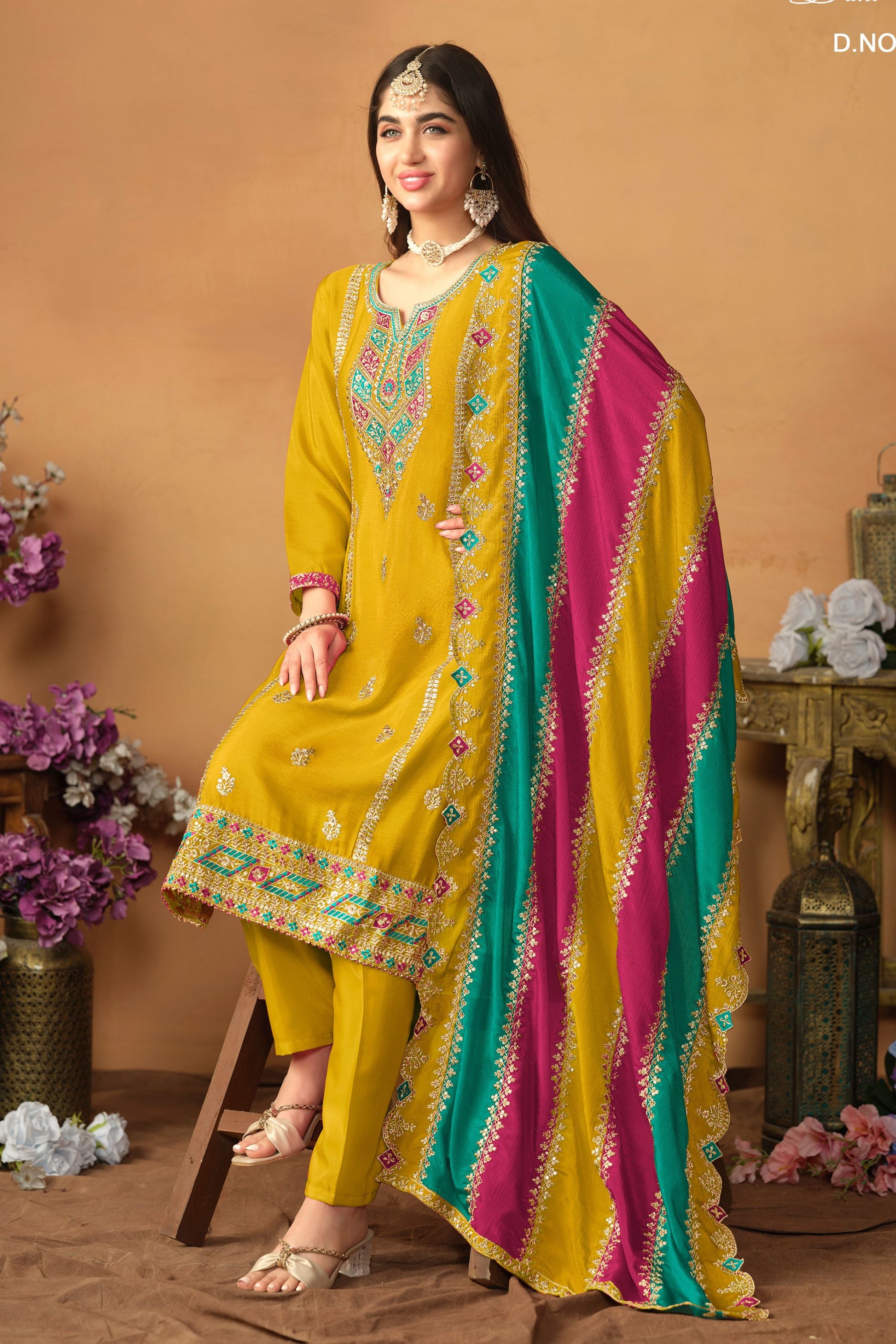 Yellow Chinon Silk Plus Size Upto 5XL Size Kameez Pant Suit For Indian Festival & Wedding - Thread Embroidery Work, Sequence Embroidery Work