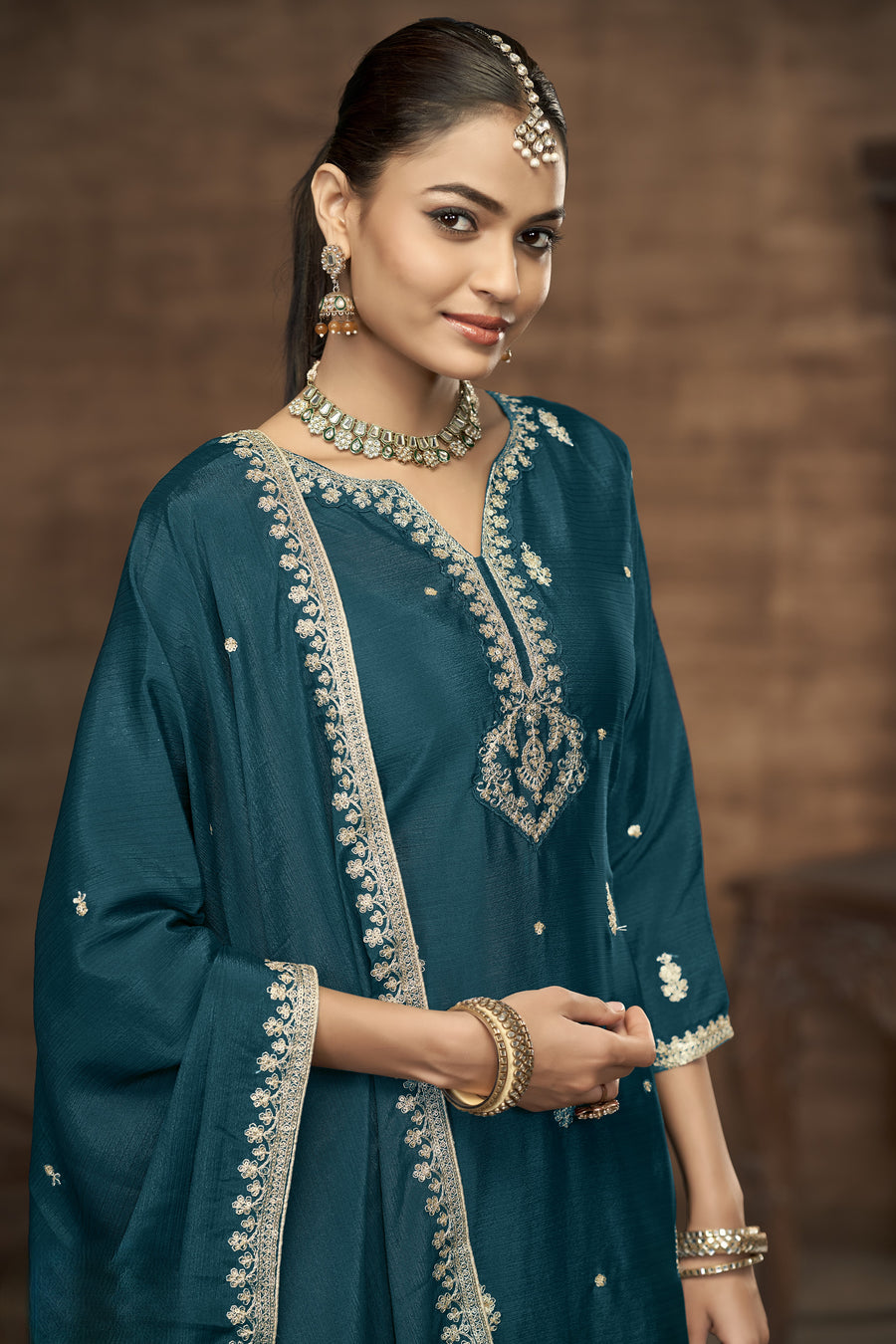 Dark Teal Chinon Silk Palazzo Suit For Indian Wedding & Pakistani Festival - Embroidery Work