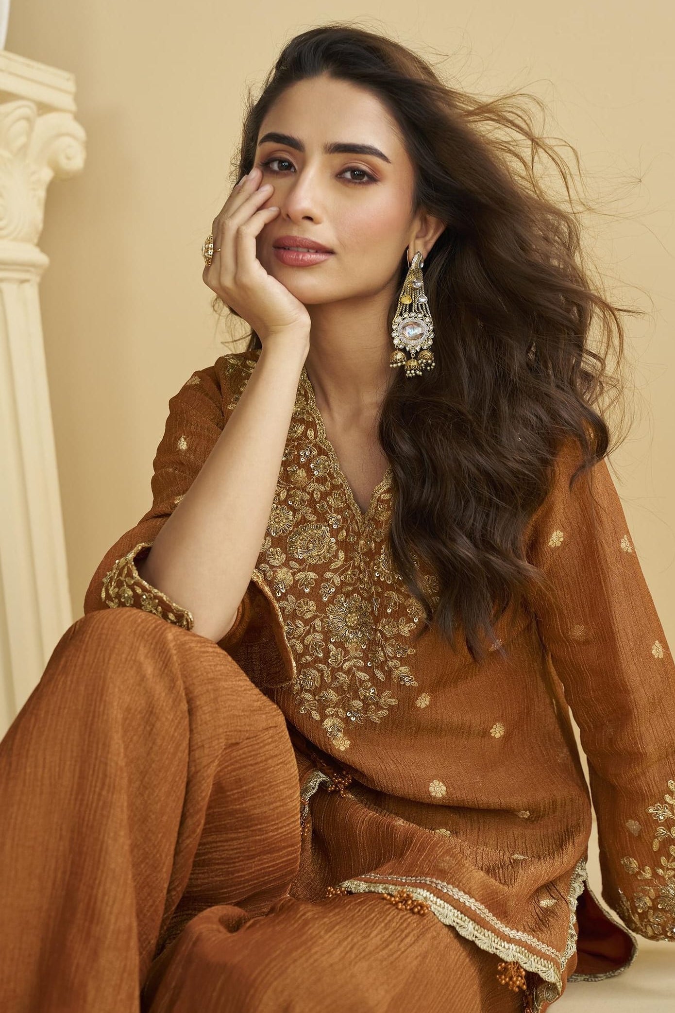 Reddish Brown Chinon Silk Plazo Suit For Indian & Pakistani Wedding Festival - Thread & Sequins Embroidery Work, Print Work