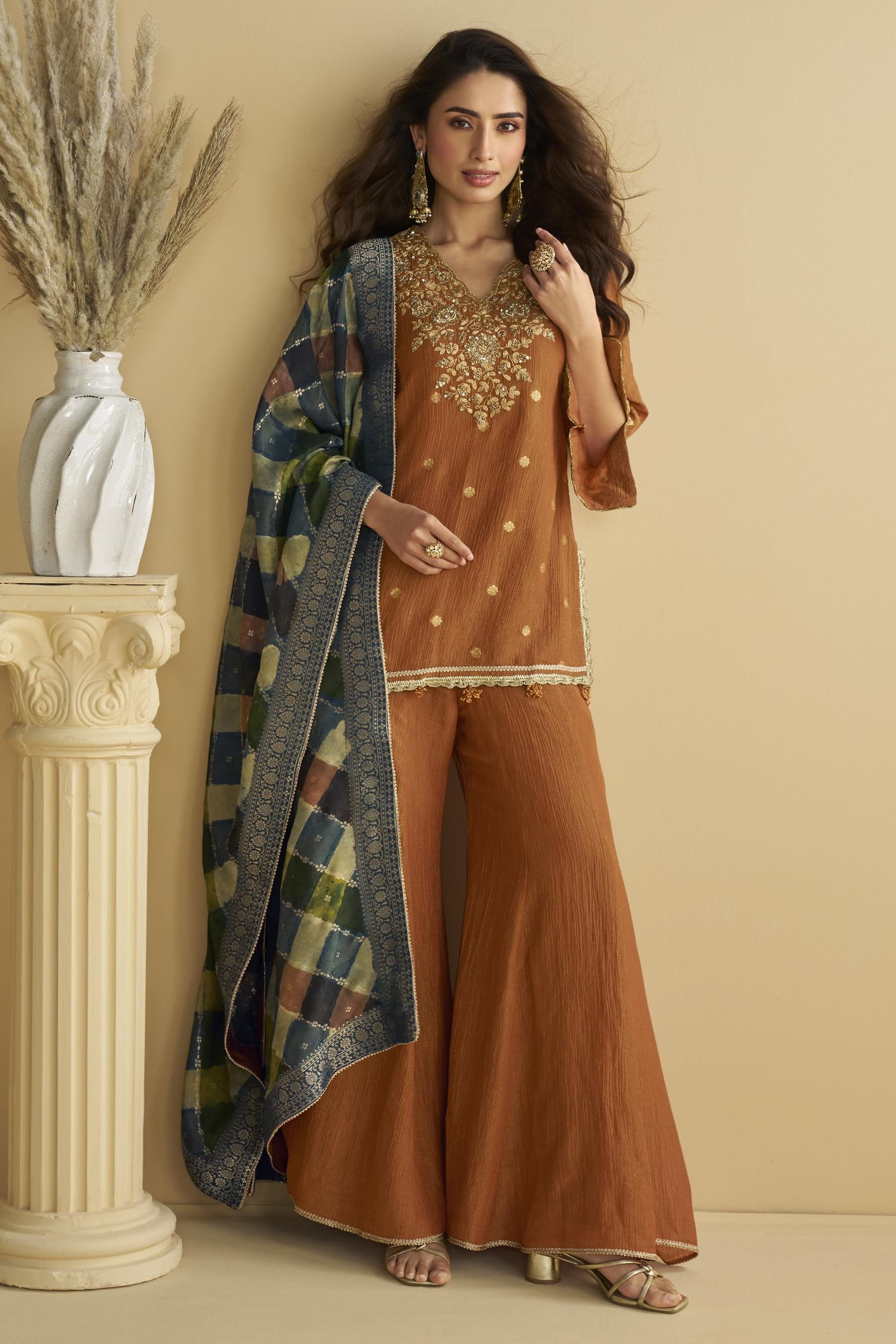 Reddish Brown Chinon Silk Plazo Suit For Indian & Pakistani Wedding Festival - Thread & Sequins Embroidery Work, Print Work