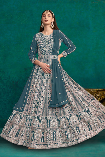 Teal Georgette Full Floor Length Anarkali Dress For Indian Festivals & Weddings - Lucknowi Work