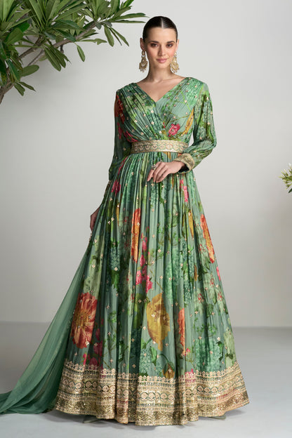 Green Chinon Silk Floor Full Length Flower Floral Printed Anarkali Gown Suit For Indian Wedding & Reception - Sequence & Thread Embroidery Work, Print Work