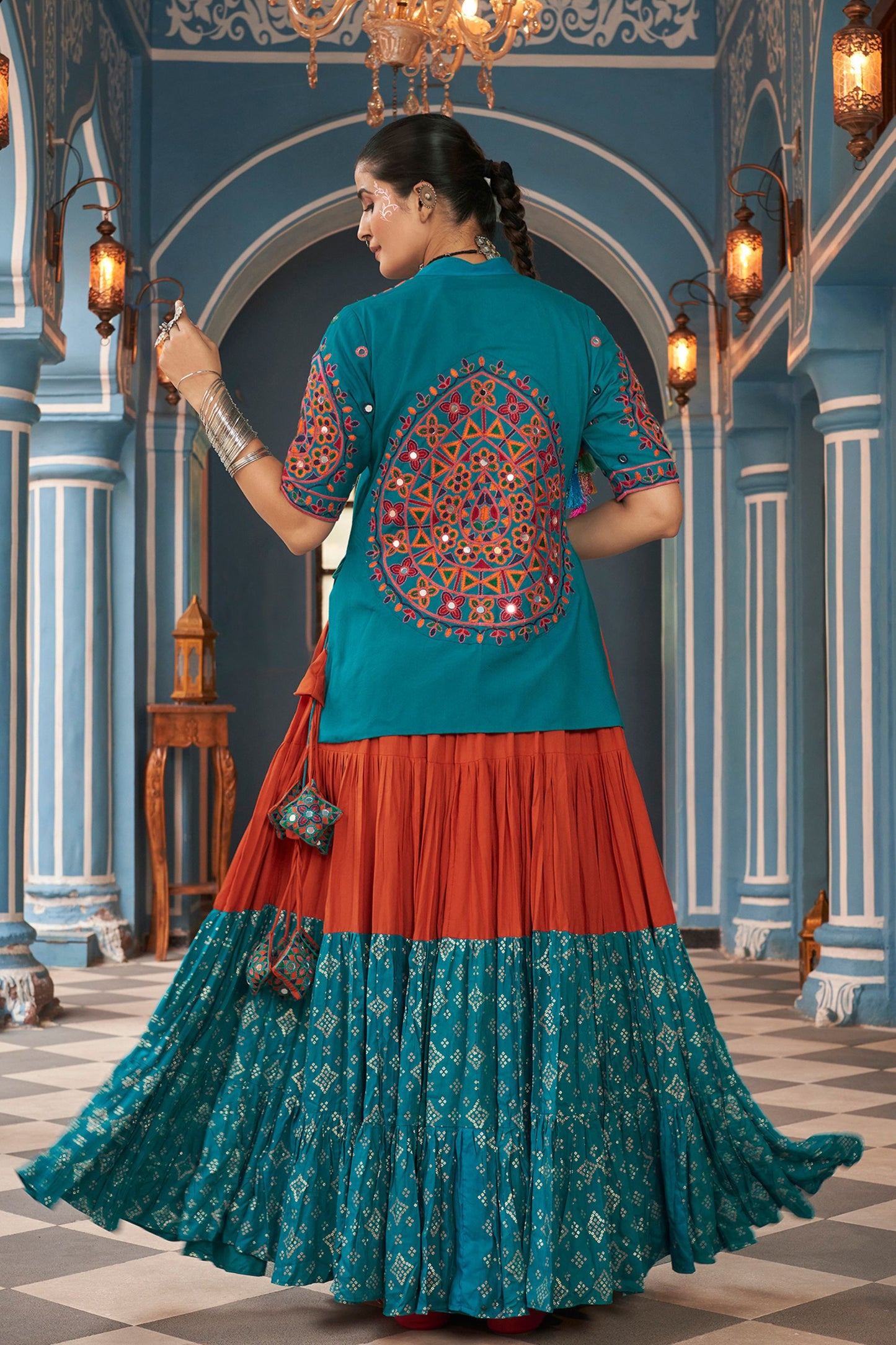 Teal Rayon Chaniya Choli For Navratri Garba Festival 14 Meters Flair - Embroidery Work, Real Mirror Work