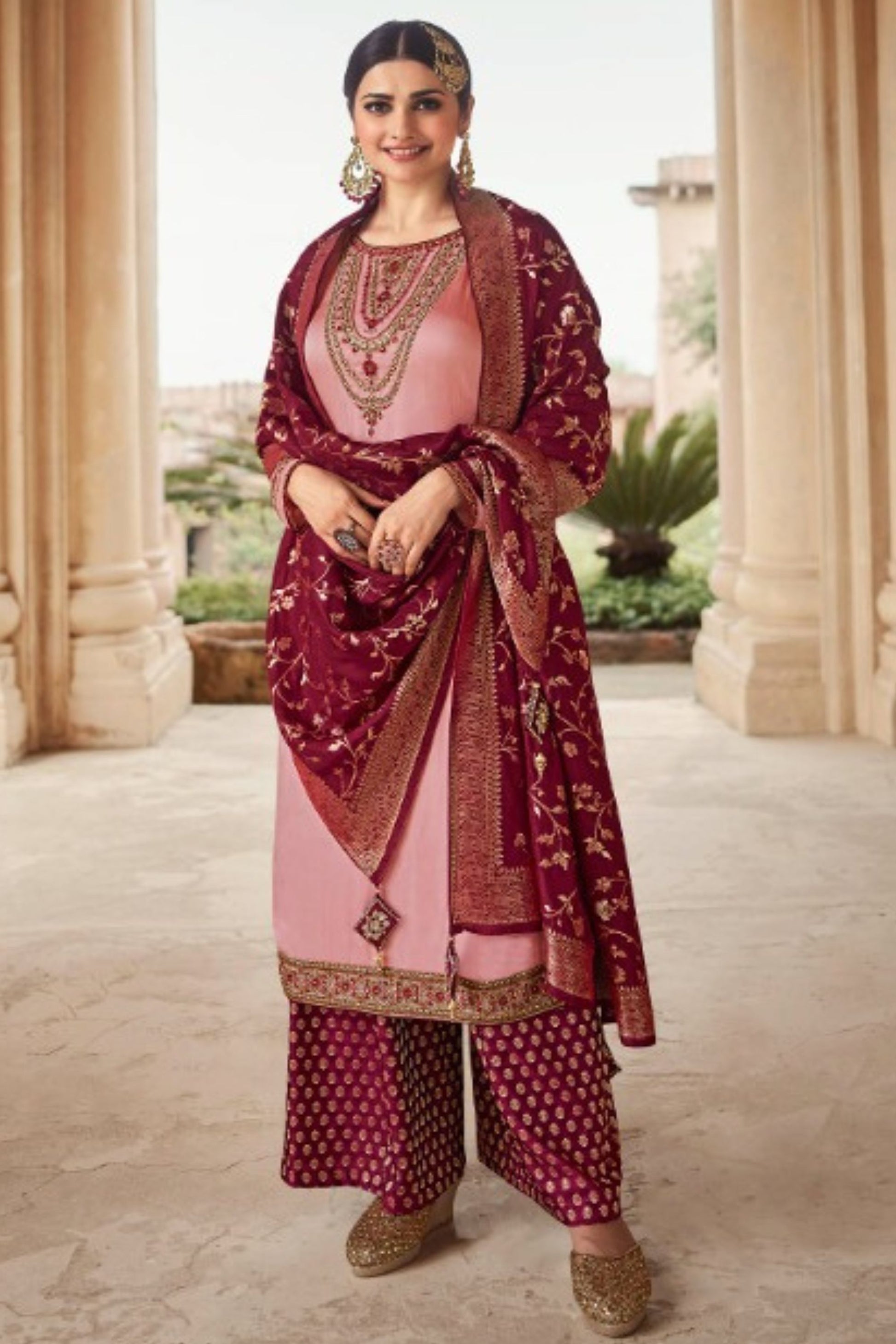 Baby Pink Georgette Silk Plus Size Upto 9XL Size Kameez and Palazzo Suit For Indian Wedding & Festival - Embroidery Work