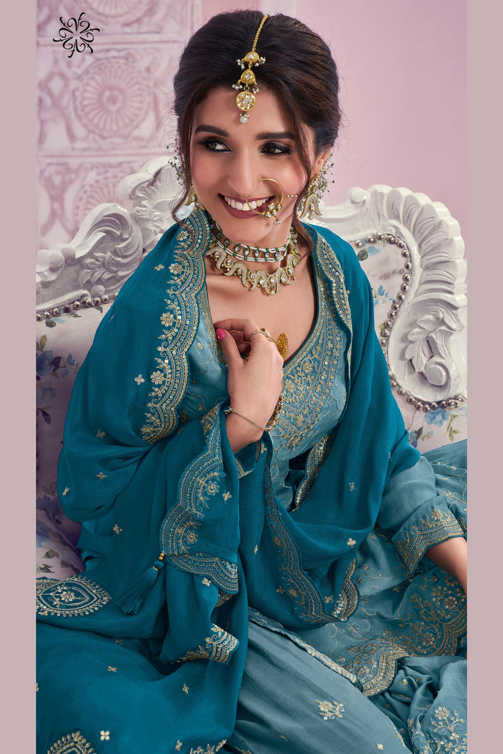 Teal Chinon Silk Plazo Suit For Indian & Pakistani Wedding Festival - Thread & Sequence Embroidery Work