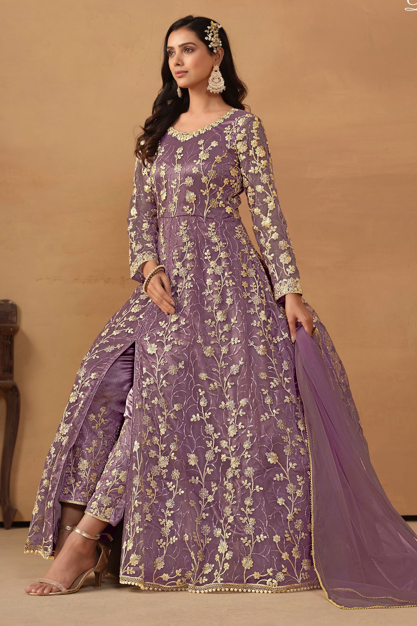 Purple Net Full Floor Length Anarkali Dress with Front Slit For Indian Festivals & Weddings - Thread & Sequence Embroidery Work