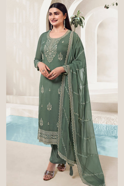 Dusty Green Organza Kameez with Pant For Indian Suit Festivals & Weddings - Thread Embroidery Work