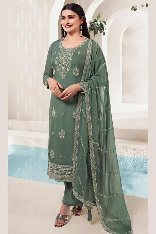 Dusty Green Organza Kameez with Pant For Indian Suit Festivals & Weddings - Thread Embroidery Work