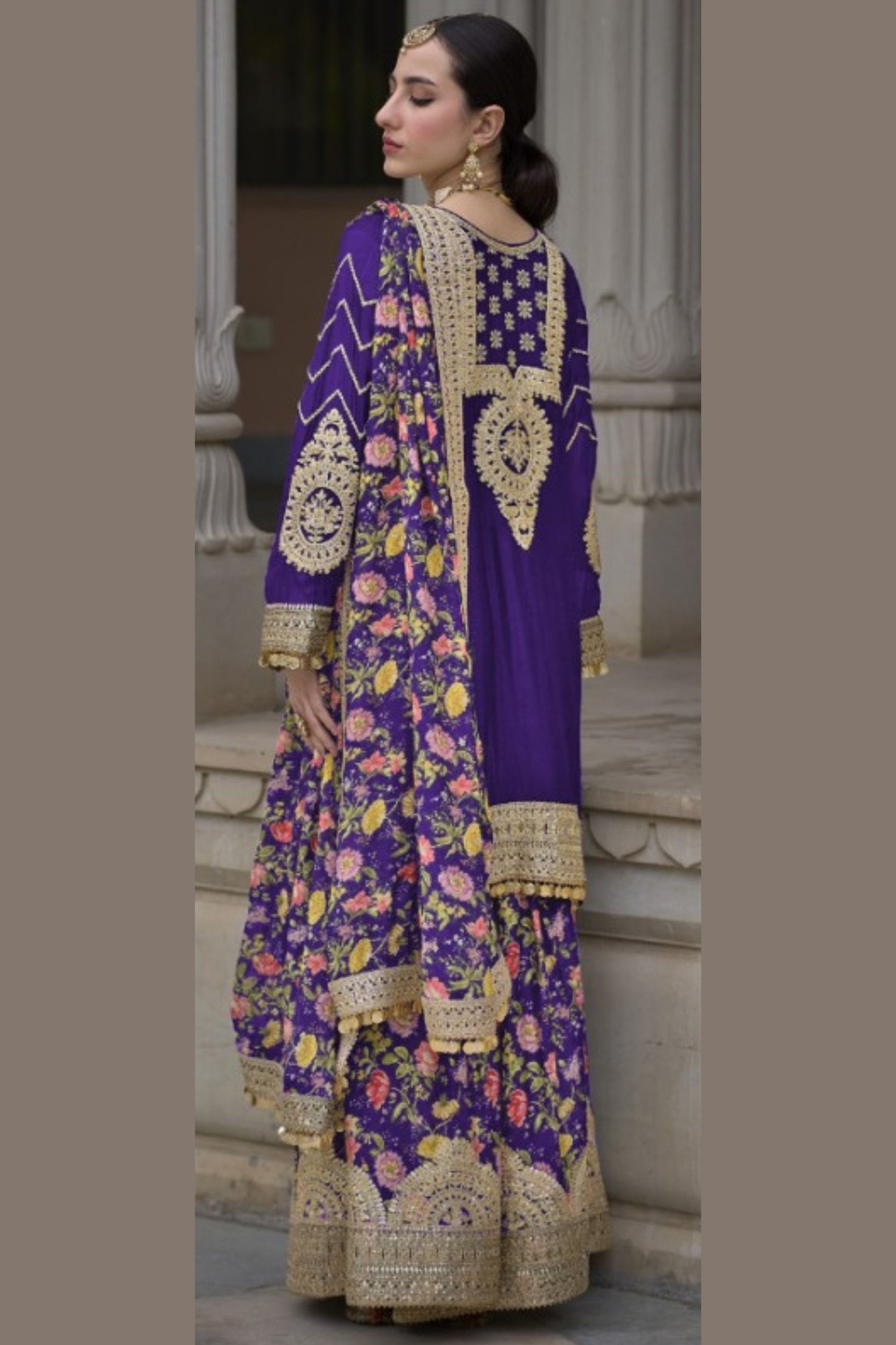 Blue Chinon Silk Kameez with Plazzo And Dupatta For Indian Suit Festivals & Pakistani Weddings - Embroidery Work