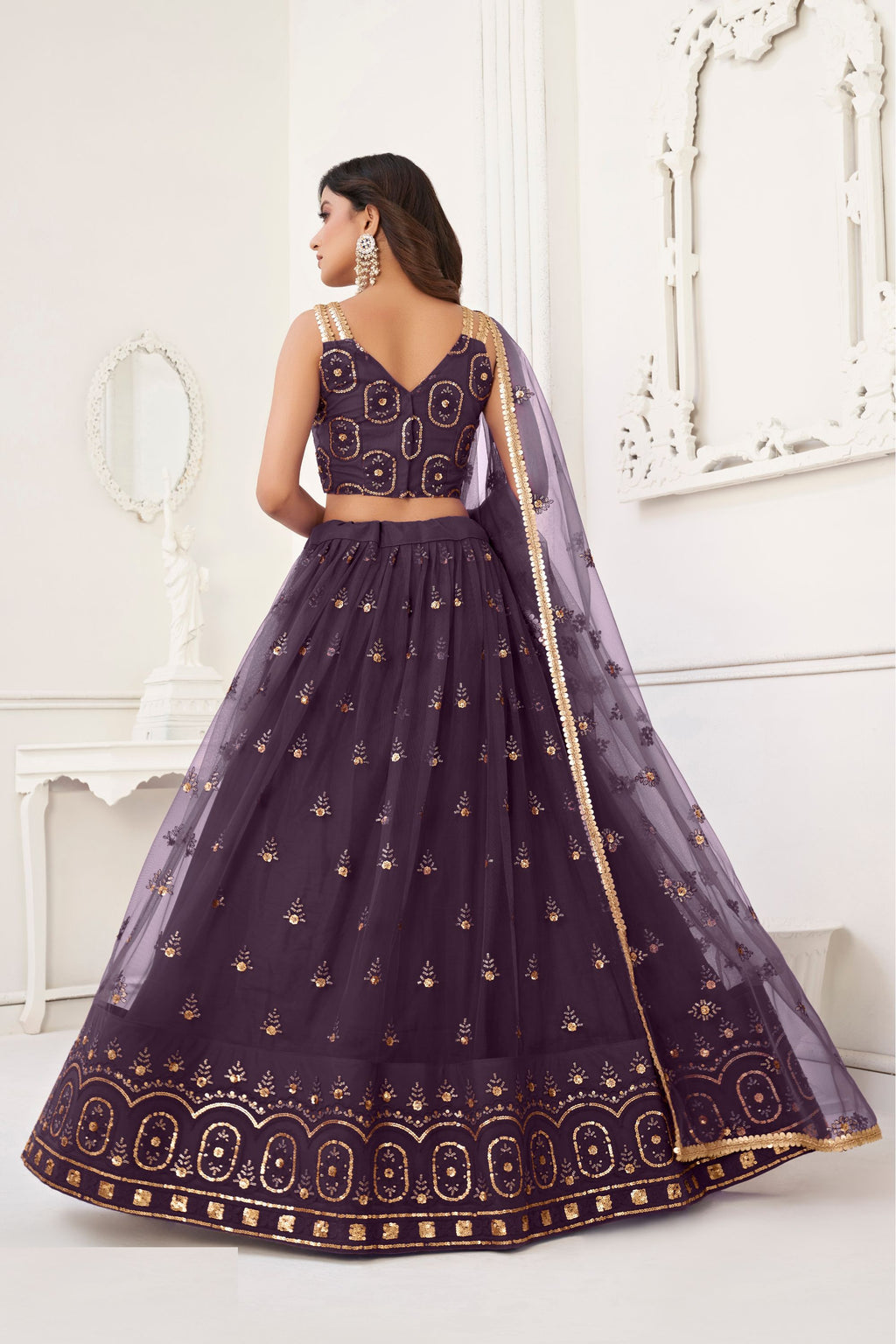 Dark Purple Net Lengha Choli For Indian Festivals & Pakistani Weddings Dress - Embroidery Work