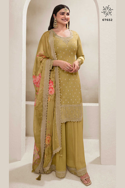 Olive Chinon Silk Palazzo Suit For Indian Festivals & Pakistani Plazo Weddings Dress - Embroidery Work, Print Work