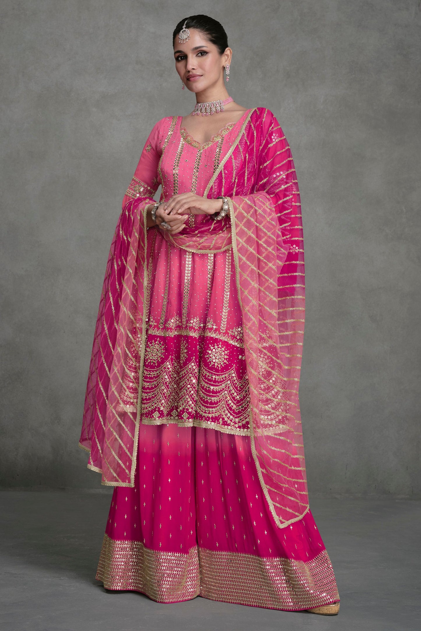 Pink Georgette Dual Tone Plazo Suit For Indian Festivals & Pakistani Weddings - Embroidery Work