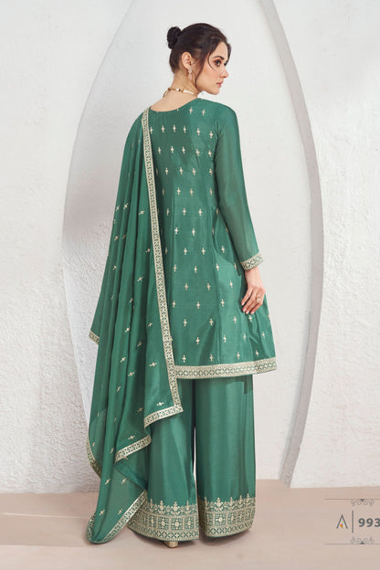 Green Chinon Silk Palazzo Suit For Indian Festival & Pakistani Weddings - Embroidery Work