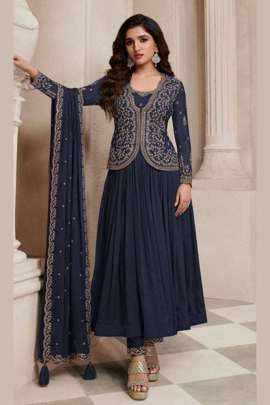 Blue Chinon Silk Anarkali Suit For Indian Festivals & Pakistani Weddings Dress - Embroidery Work