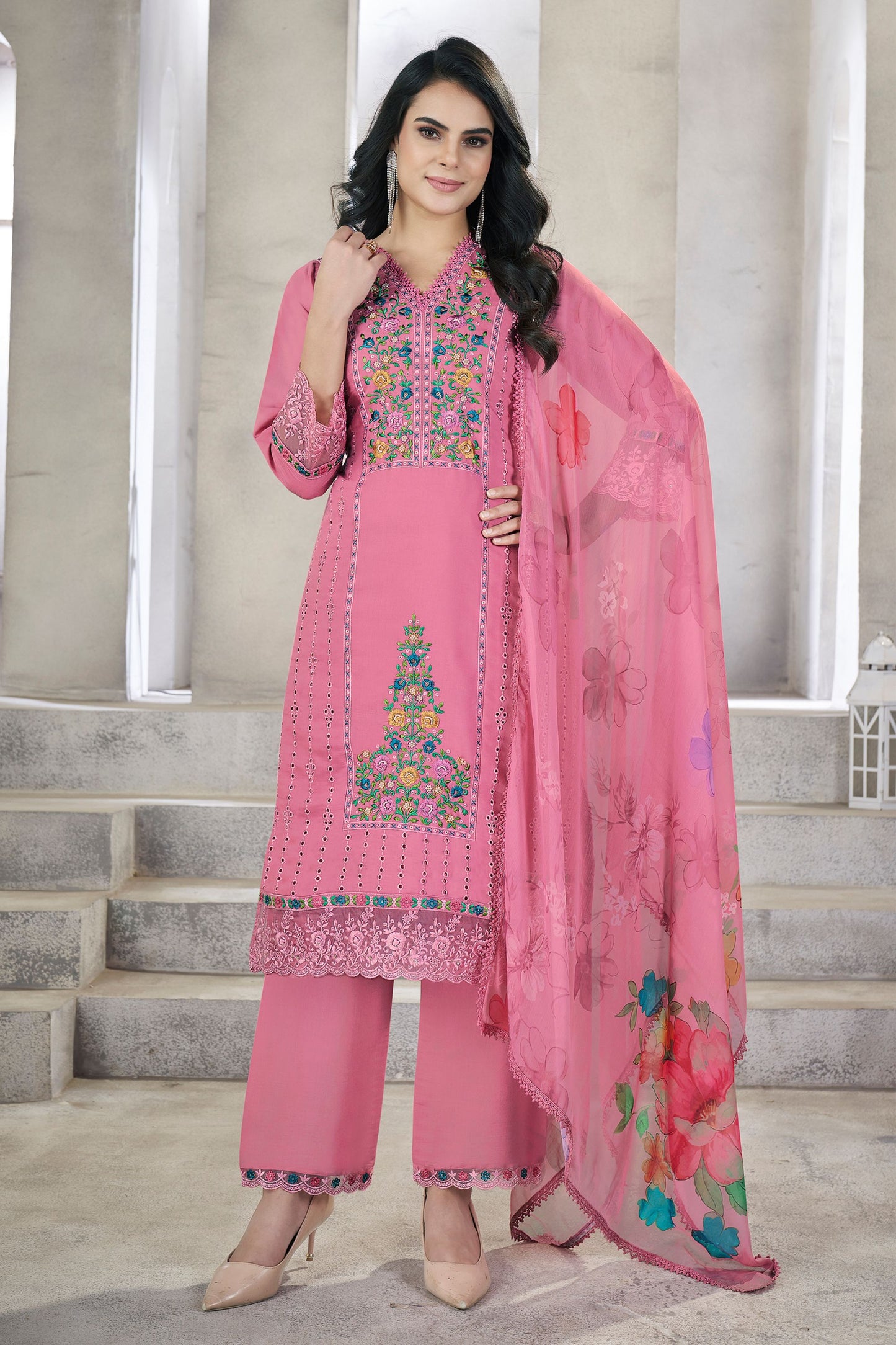 Hot Pink Viscose Silk Kameez with Pant Suit For Indian Festivals & Pakistani Weddings - Embroidery Work. Print Work