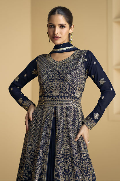 Blue Georgette Floor Full Length Anarkali Gown For Indian Festivals & Weddings - Embroidery Work