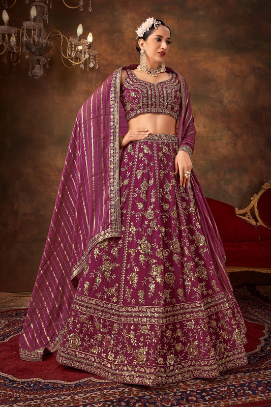 Wine Color Georgette Lehenga Choli For Indian Festivals & Weddings - Thread Embroidery Work, Sequence Embroidery Work