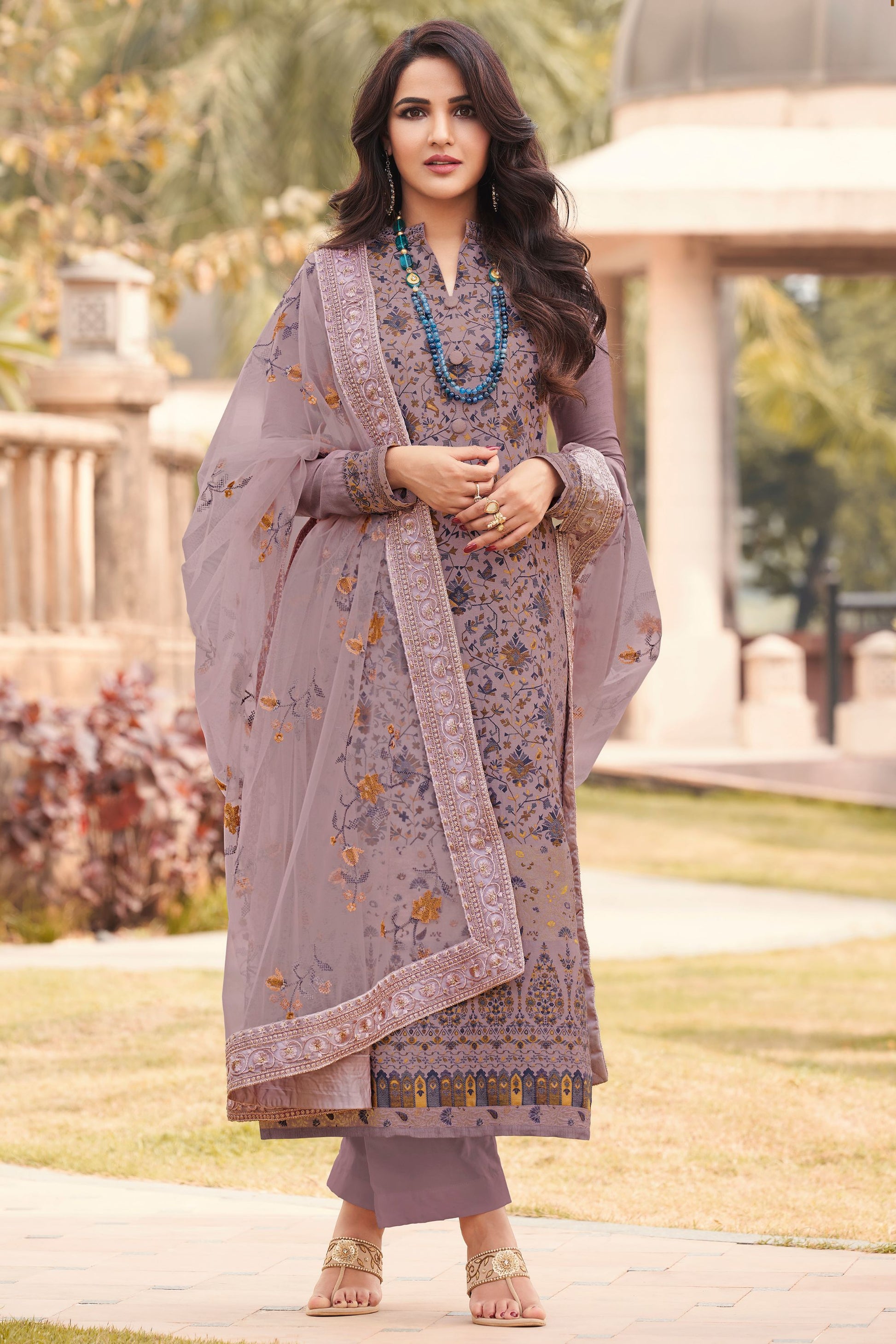 Purple Jacquard Kameez with Pant For Indian Suit Festivals & Pakistani Weddings - Embroidery Work