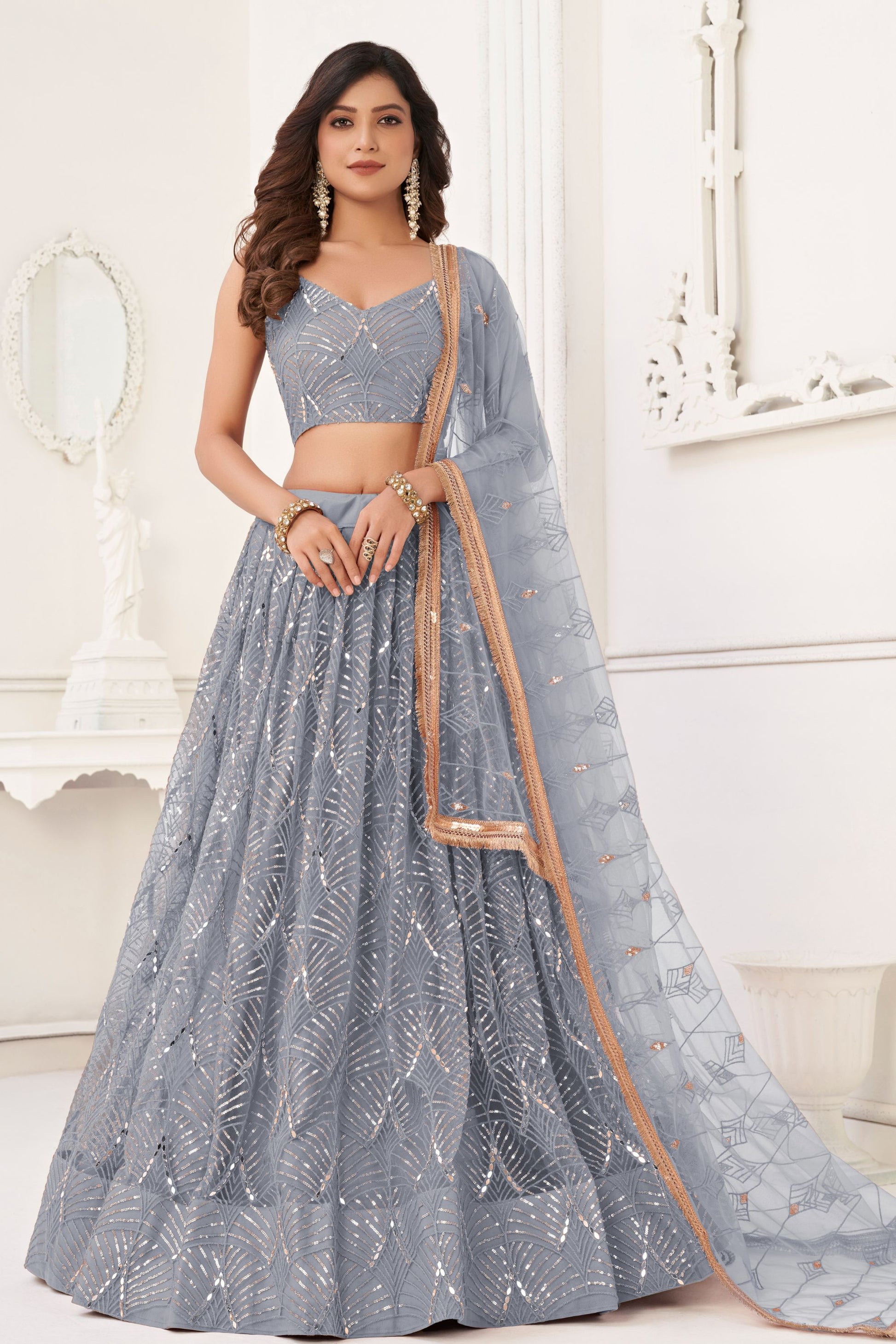 Silver Net Embroidered Lehenga Choli For Indian Festival Weddings Embroidery Work, Real Mirror Work