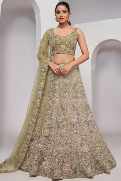 Olive Green Soft Net Lehenga Choli For Indian Festivals & Weddings - Sequins Work, Dori Work, Zarkan Work