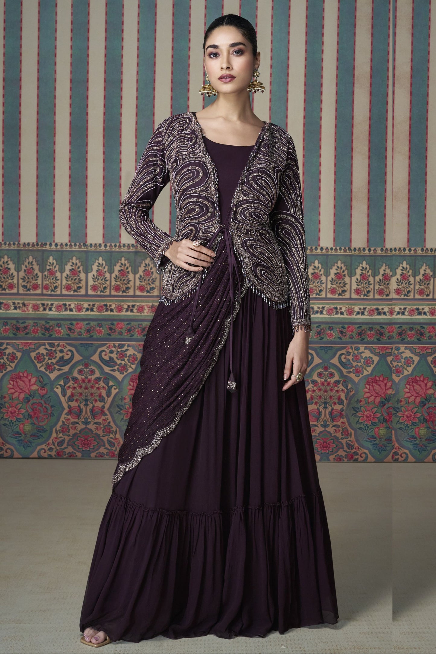 Brown Chinon Silk Full Length Partywear Gown For Festivals & Weddings - Embroidery Work Copy Copy