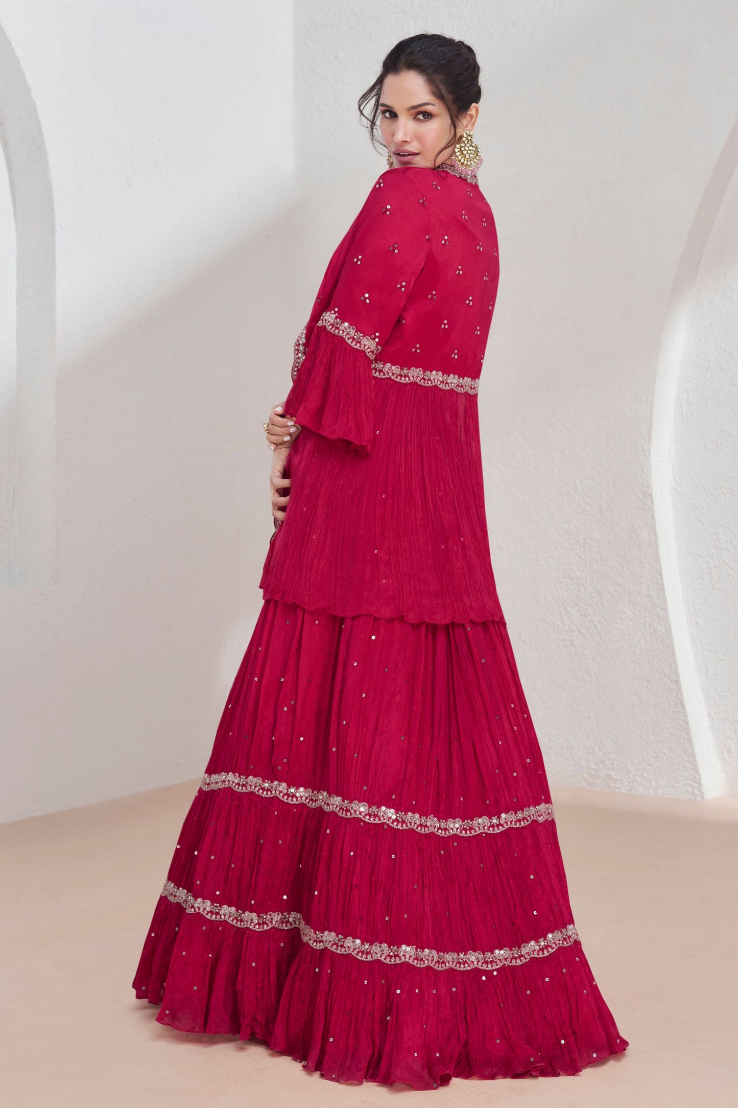 Reddish Pink Georgette Lehenga Choli with Koti For Wedding & Indian Festival - Embroidery Work