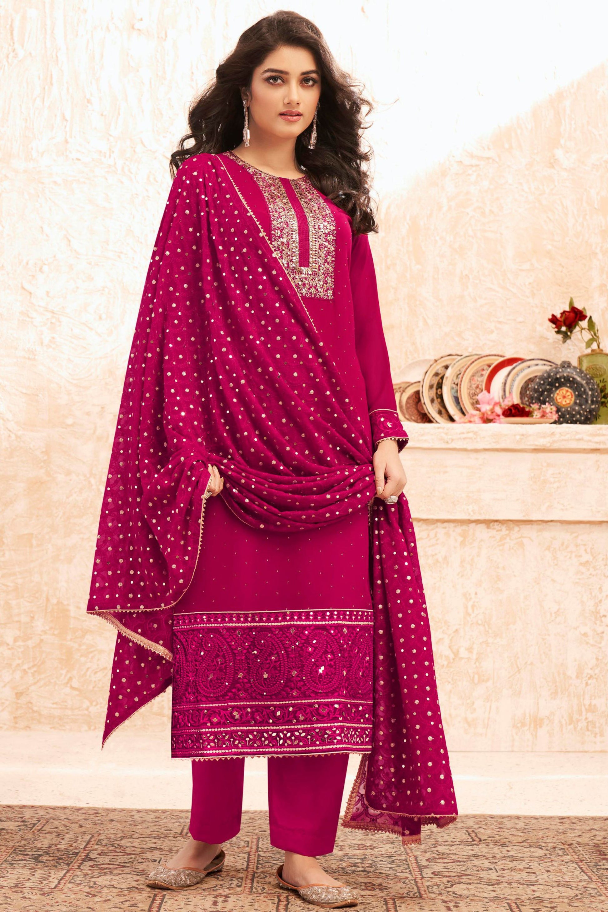 Dark Pink Georgette Kameez with Pant For Indian Suit Festivals & Weddings - Embroidery Work