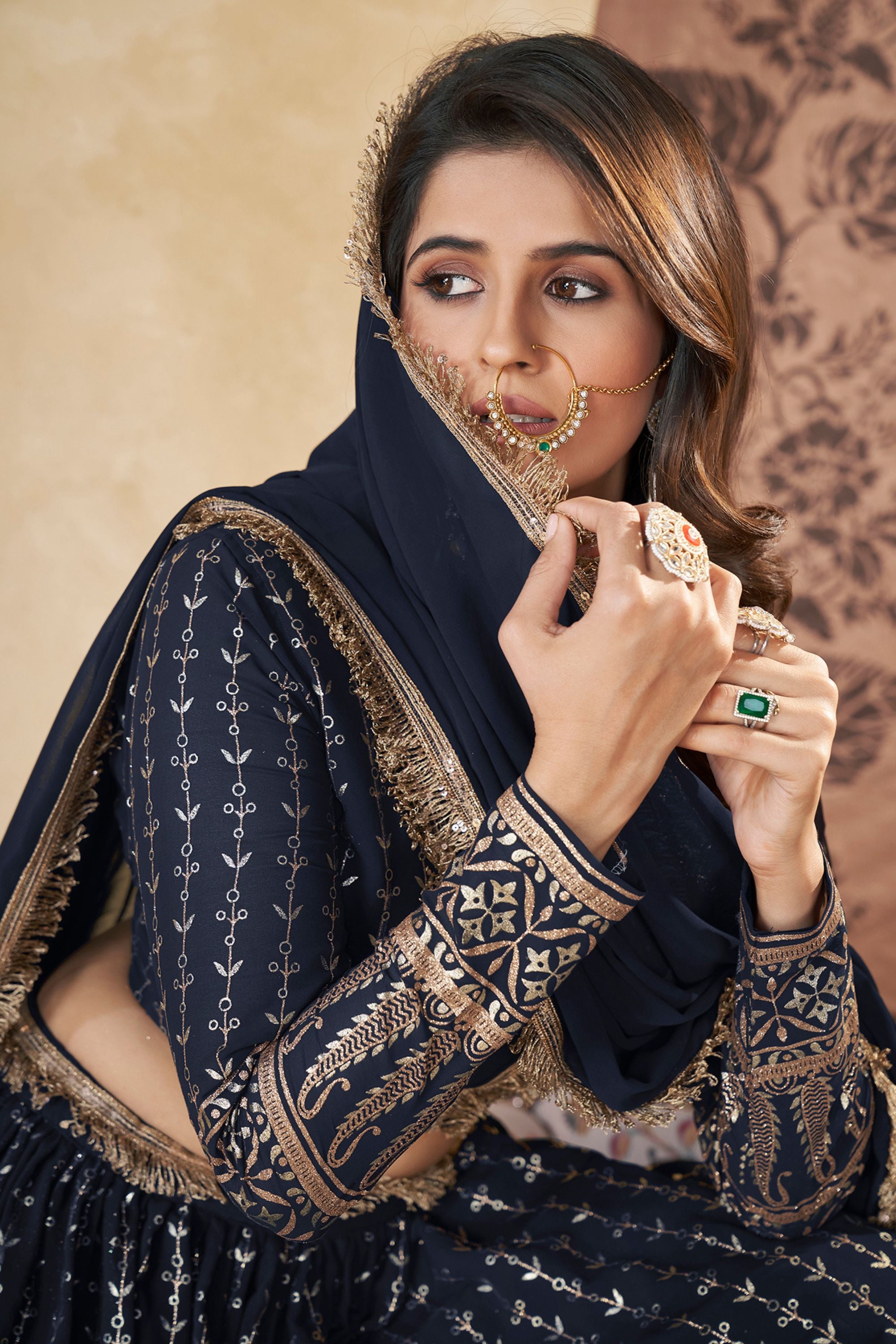 Navy Blue Georgette Lehenga Choli For Indian Festivals & Weddings - Thread Embroidery Work, Foil Mirror Work