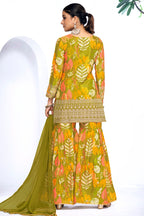 Green Chinon Silk Sharara Suits Dress for Indian Festival & Pakistani Wedding - Thread & Sequence Embroidery Work, Zari Work, Stone & Mirror Work, Print Work