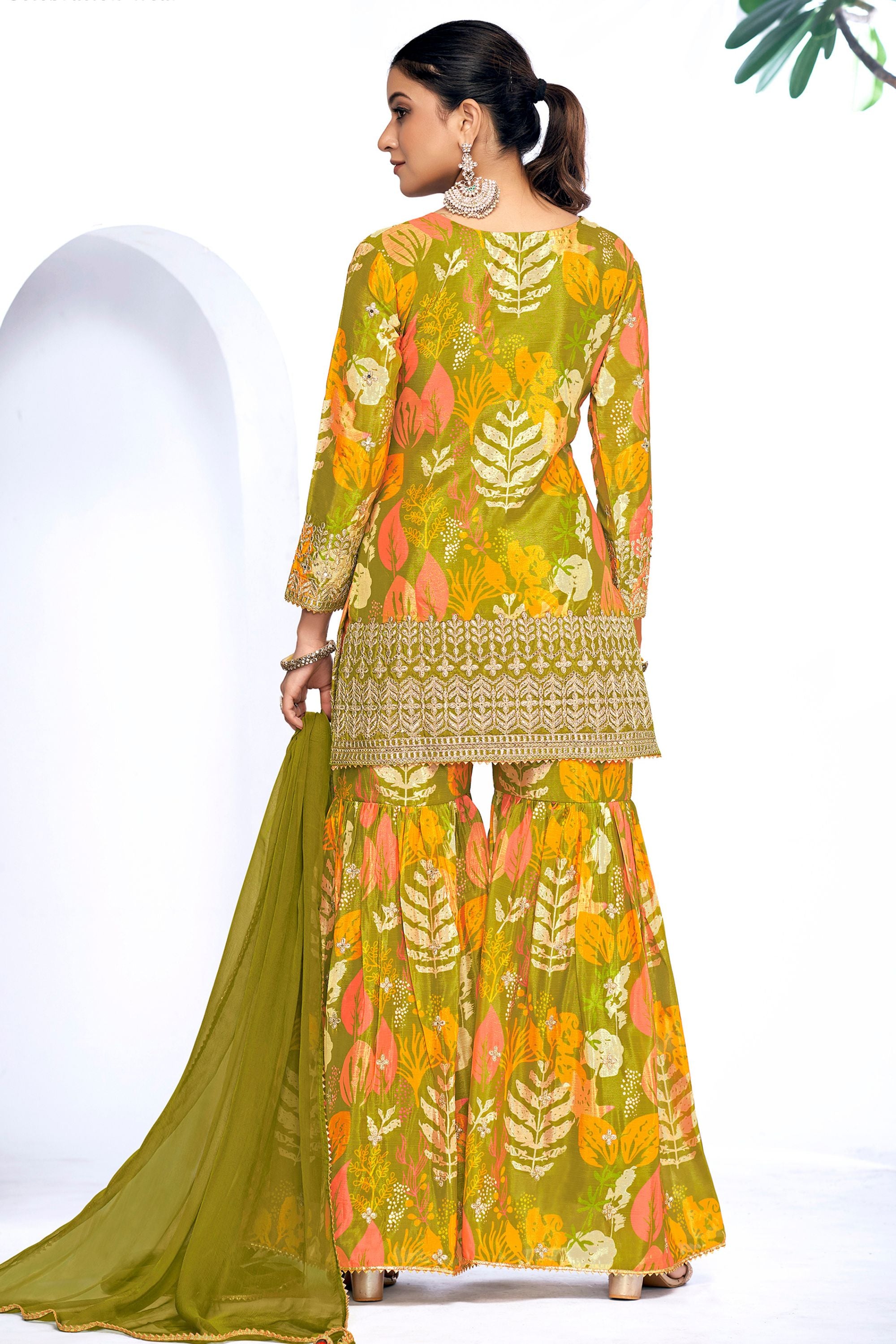 Green Chinon Silk Sharara Suits Dress for Indian Festival & Pakistani Wedding - Thread & Sequence Embroidery Work, Zari Work, Stone & Mirror Work, Print Work