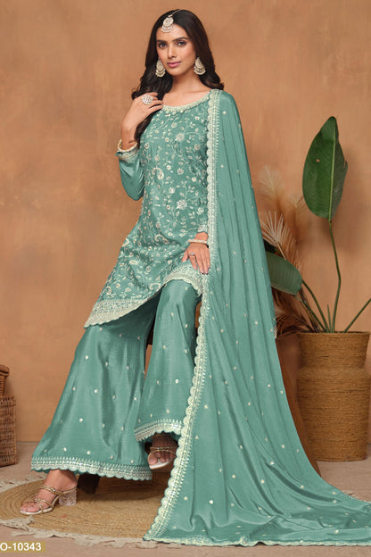 Turquoise Chinon Silk Palazzo Suit For Indian Festivals & Weddings - Embroidery Work