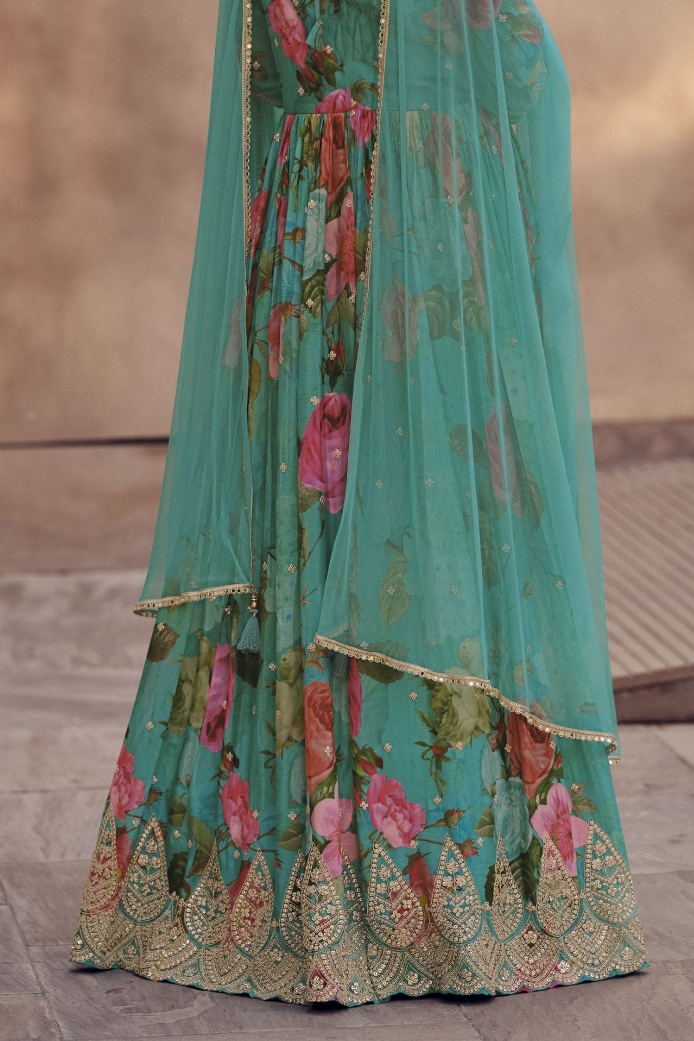 Green Georgette Floor Full Length Flower Printed Anarkali Gown For Indian Festivals & Weddings - Embroidery Work, Print Work