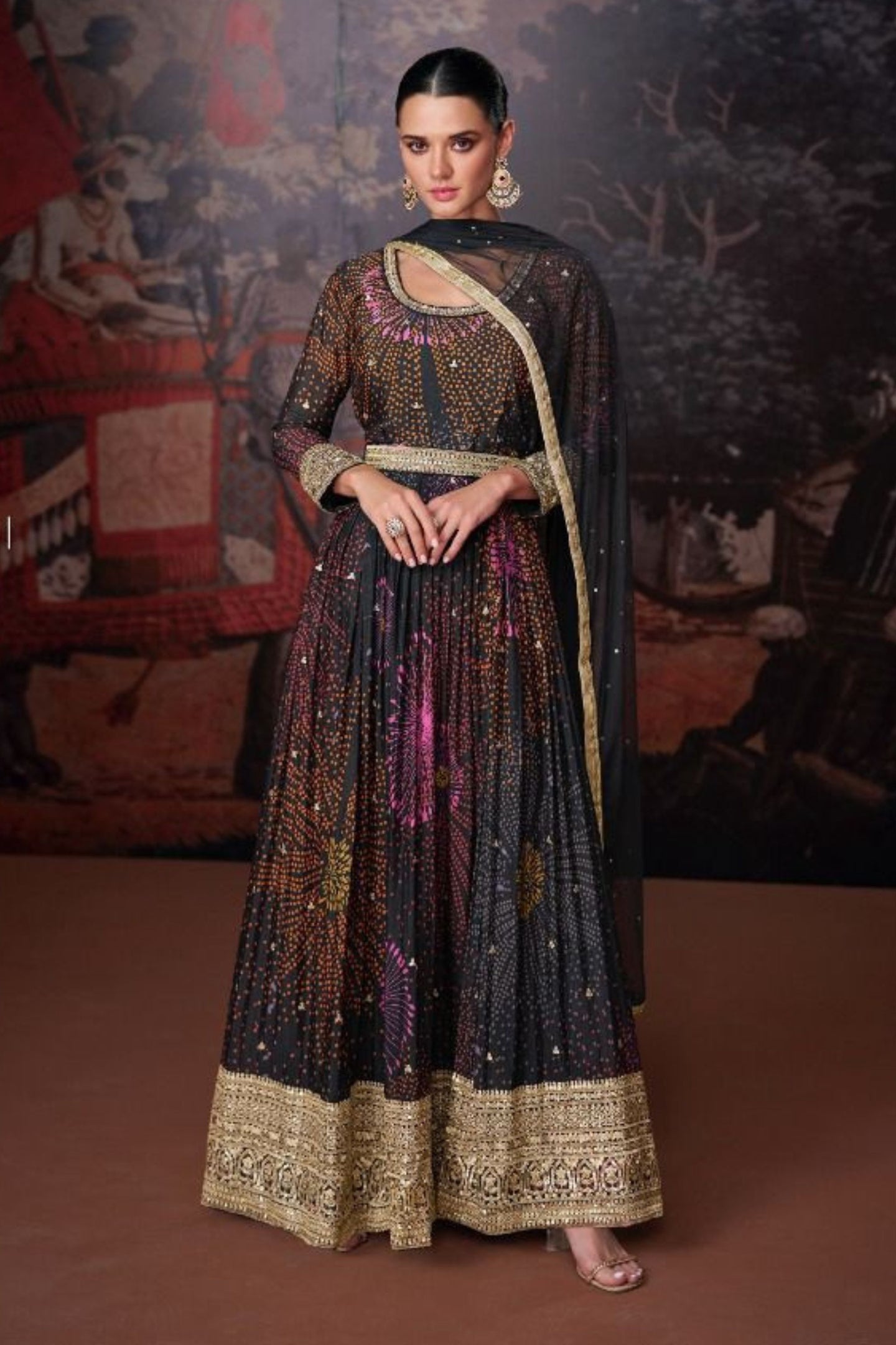 Multicolor Georgette Floor Full Length Flower Printed Anarkali Gown with Front Slit For Indian Festivals & Weddings - Embroidery Work, Print Work