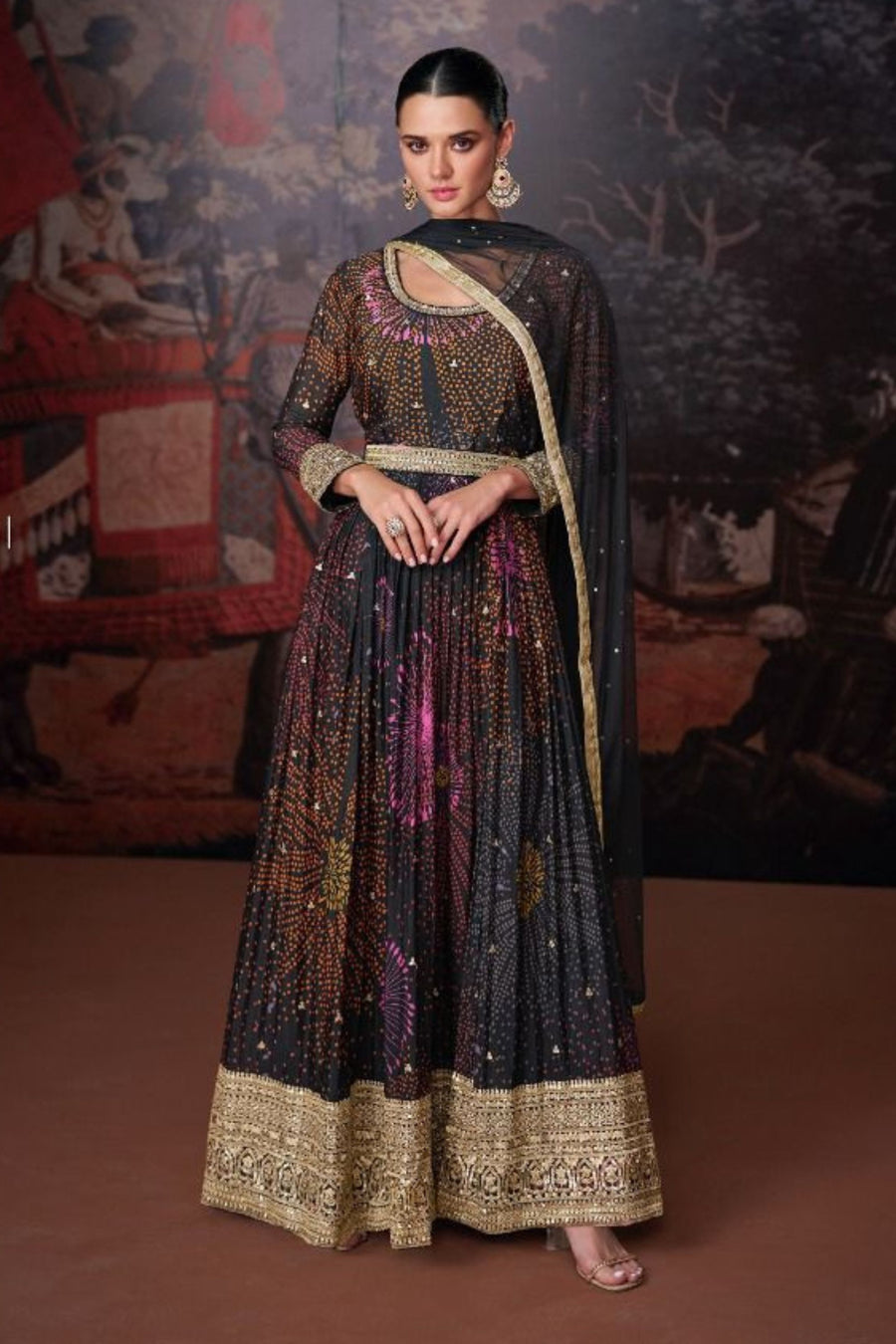 Multicolor Georgette Floor Full Length Flower Printed Anarkali Gown with Front Slit For Indian Festivals & Weddings - Embroidery Work, Print Work