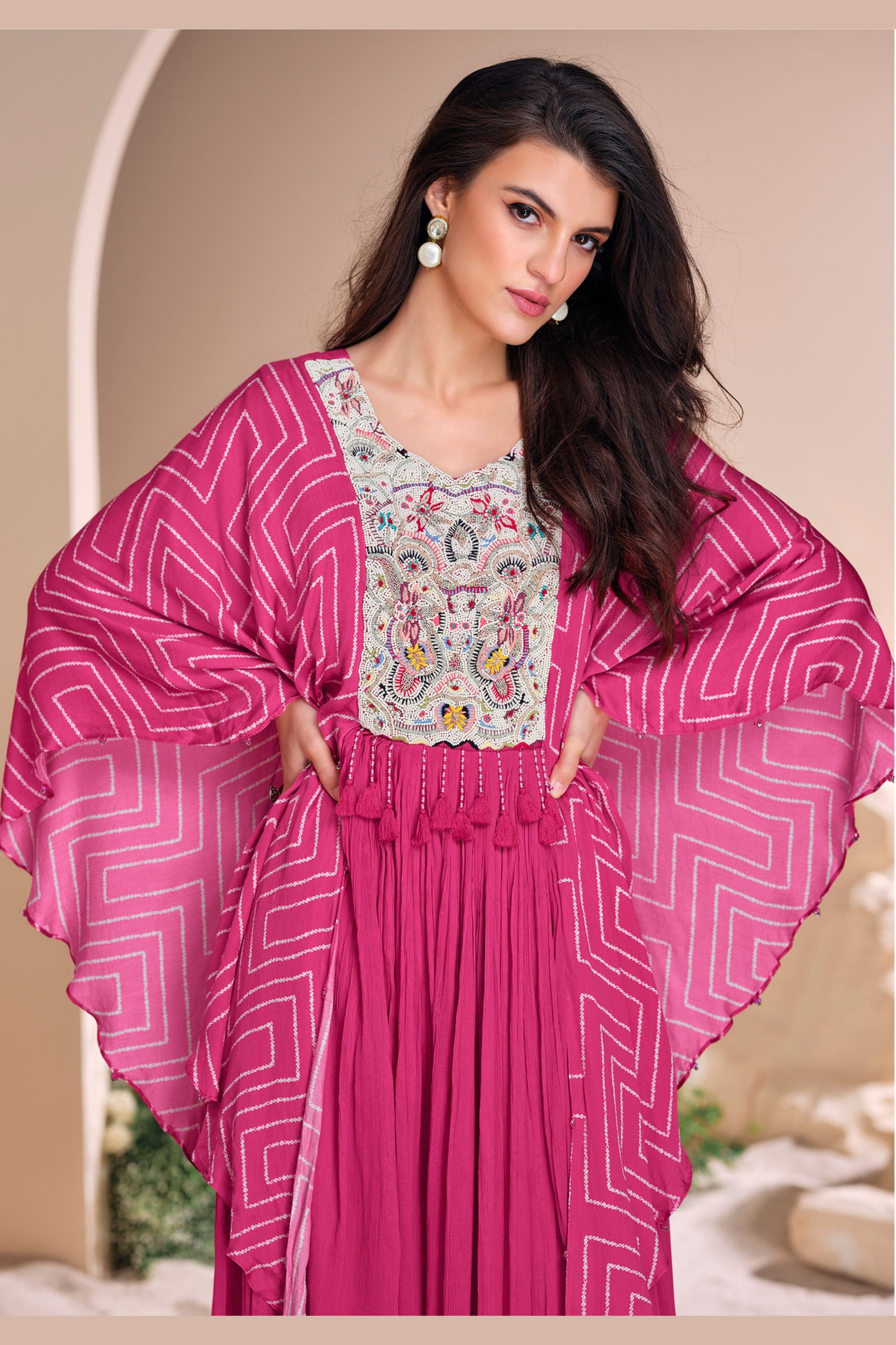 Pink Chinon Silk Anarkali Gown For Indian Festivals & Pakistani Weddings Dress - Embroidery Work, Print Work