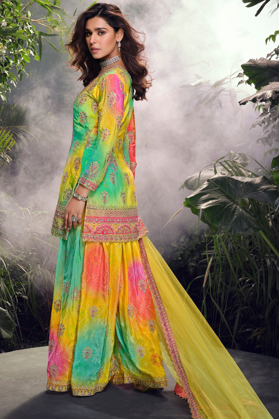 Yellow Chinon Silk Plazo Suits for Indian Festival & Pakistani Wedding - Embroidery Work