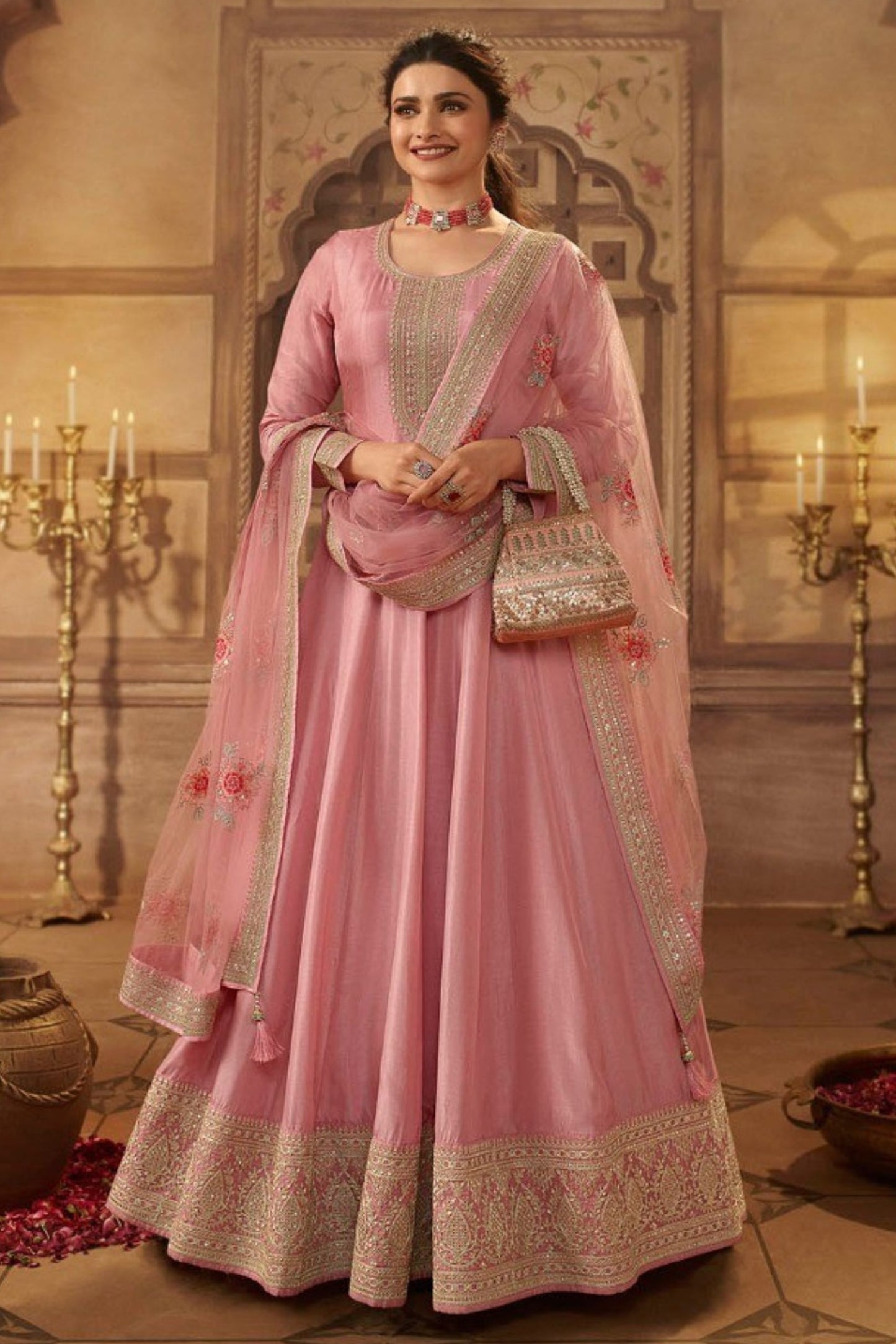 Light Pink Dola Silk Full Floor Length Anarkali Suit For Indian Festivals & Pakistani Wedding - Embroidery Work