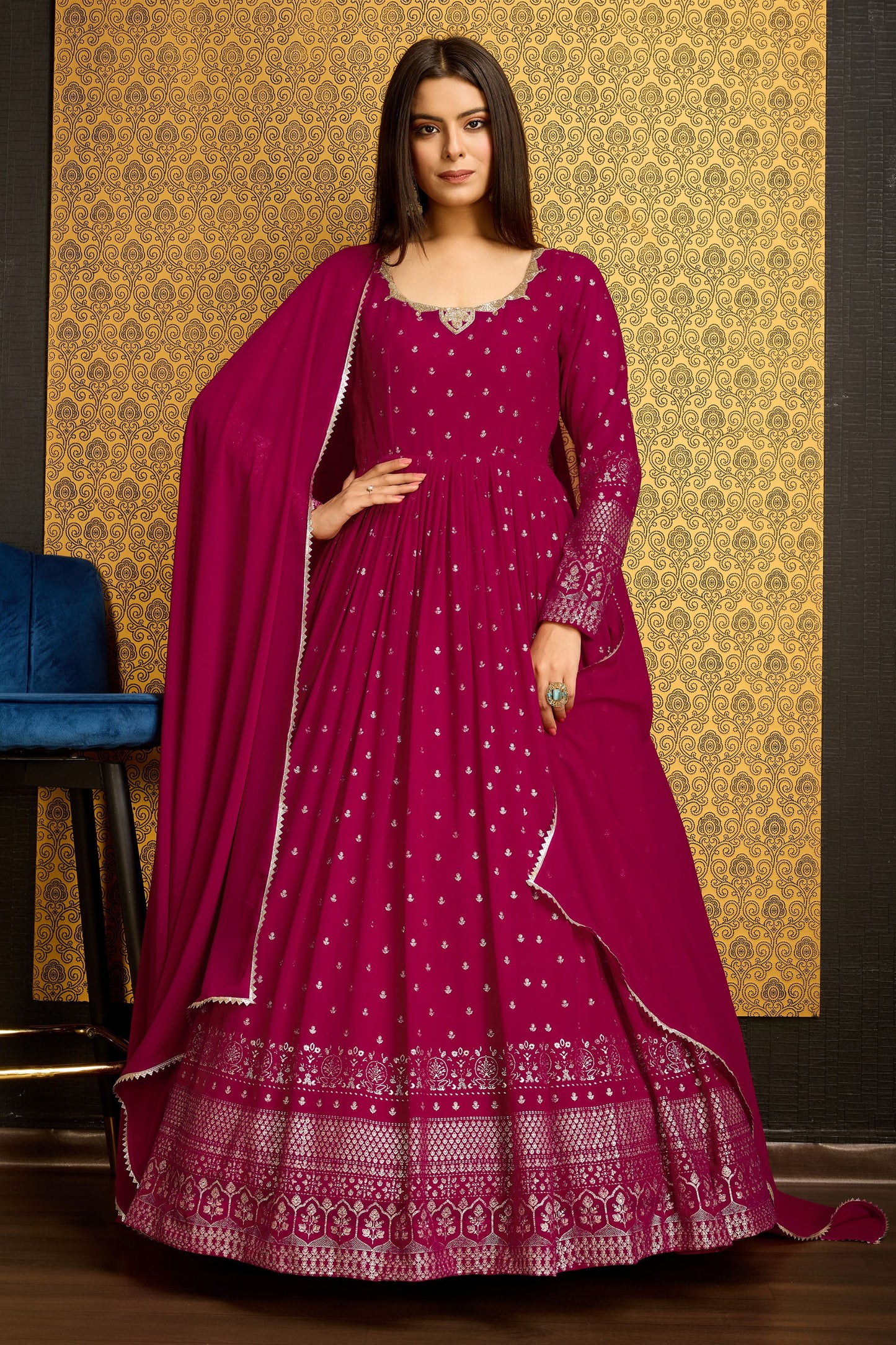 Pink Georgette Anarkali Suit For Indian Festivals & Weddings - Metallic Foil Work