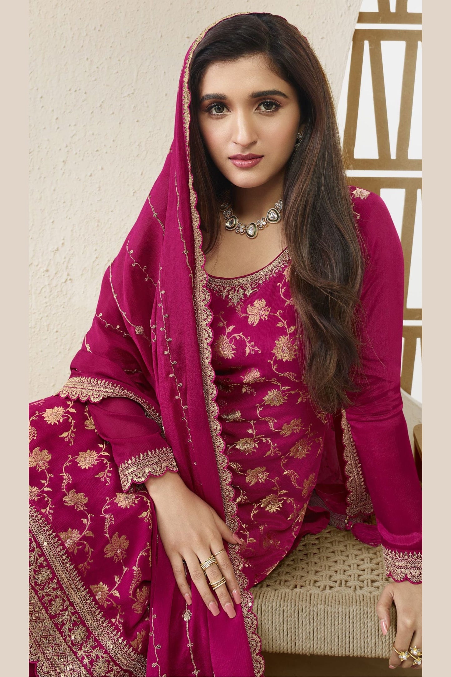 Magenta Jacquard Silk Palazzo Suit For Indian Festivals & Pakistani Plazo Weddings Dress - Embroidery Work