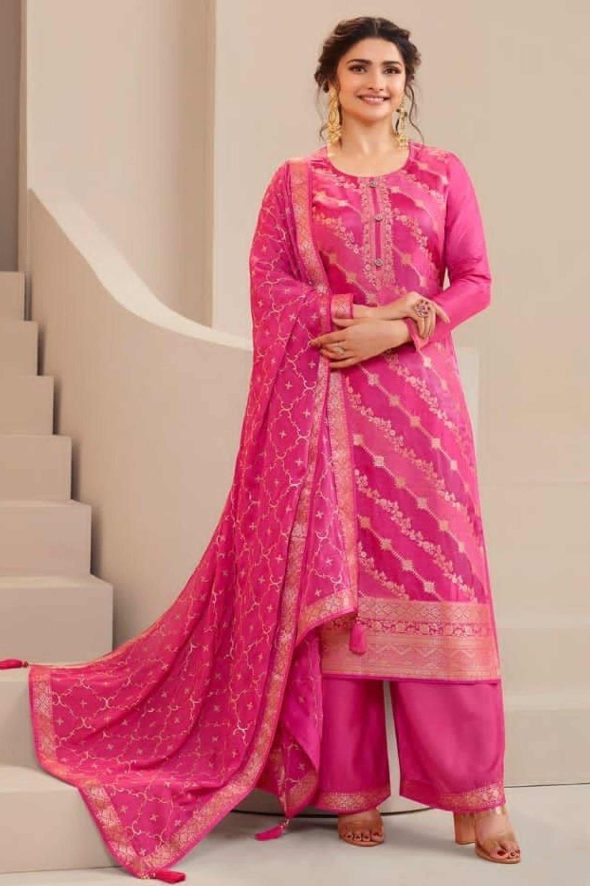 Pink Zari Dola Jacquard Salwar Kameez Suit For Indian Festivals & Pakistani Weddings Dress