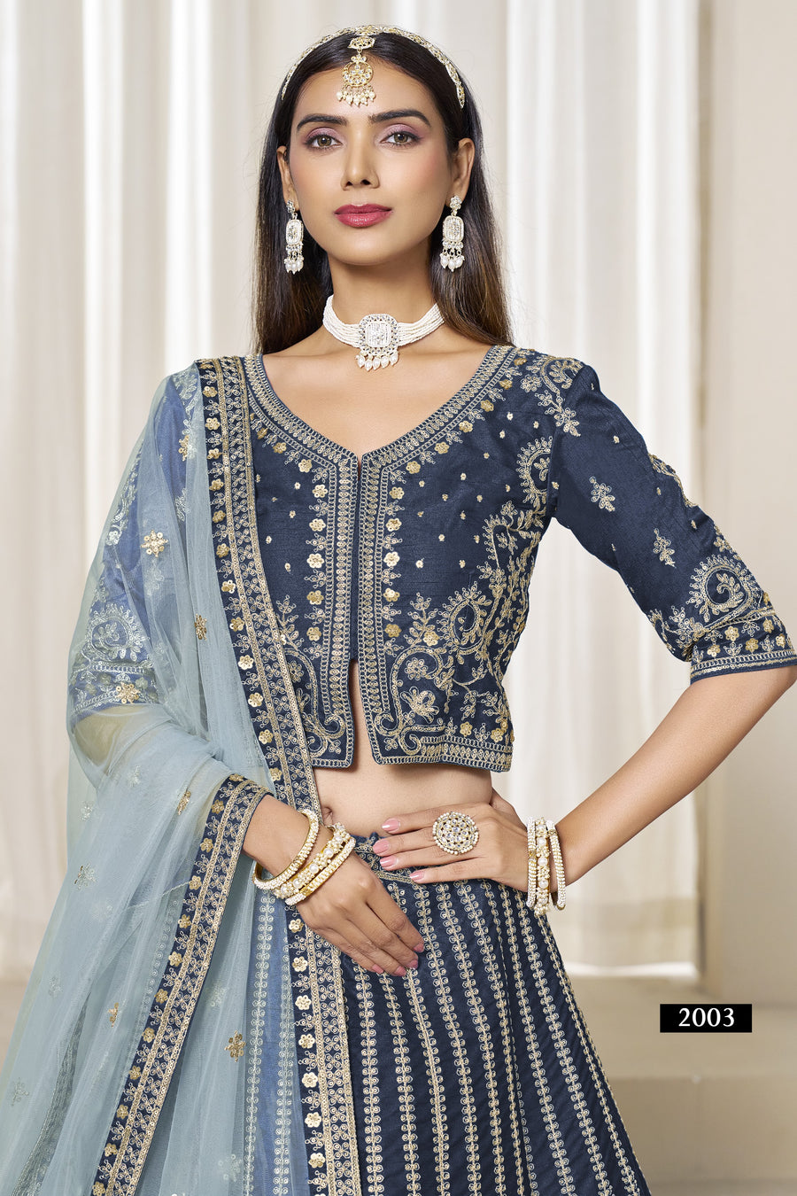 Navy Blue Art Silk Lehenga Choli For Indian & Pakistani Wedding Festival - Thread & Sequence Embroidery Work