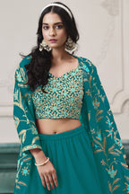 Teal Georgette Palazzo with Choli & Jacket For Wedding & Indian Festival - Embroidery Work